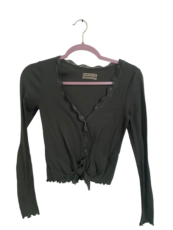 Urban Outfitters Tops - Urban Outfitters Olive Ribbed Lace-Trim Tie-Front Long Sleeve Top